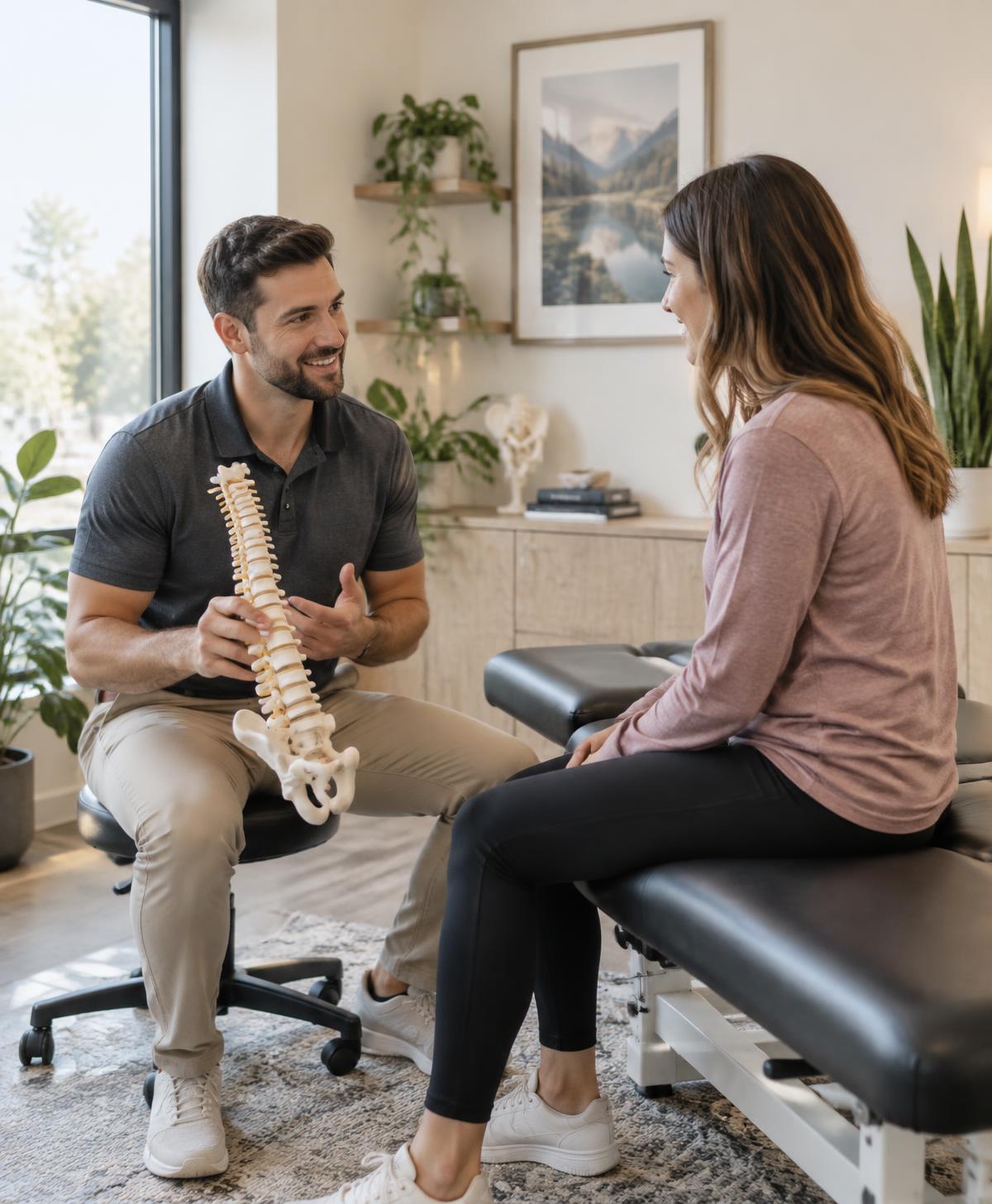 Chiropractor speaking with a patient in a bright practice